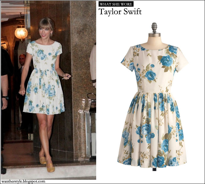 WHAT SHE WORE: Taylor Swift in white and blue floral print dress 